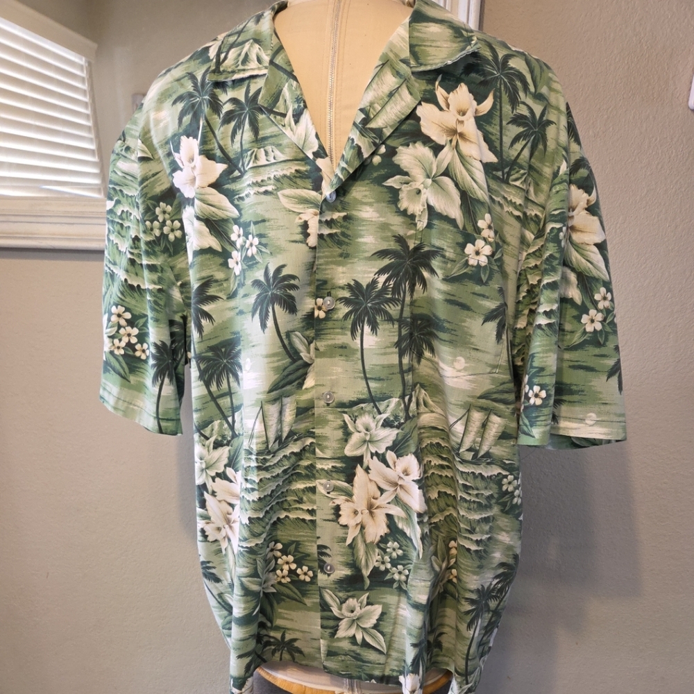 PARADISE STYLE GREEN/WHITE ISLAND SCENE HAWAIIAN SHIRT SZ 2XL